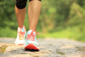 young fitness woman legs walking on forest trail